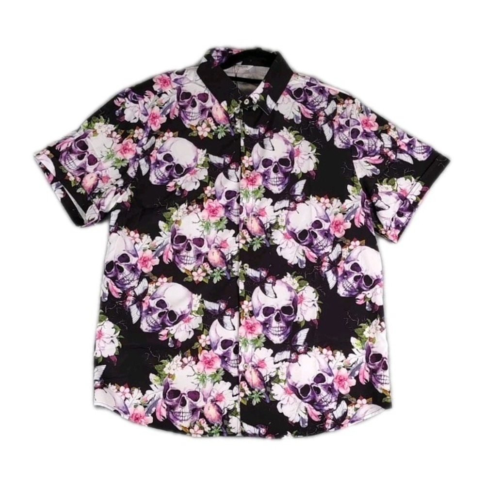 NWT Sheluki AOP Skulls Flowers Butterflies Mens Sz LG Short Sleeve Button Up